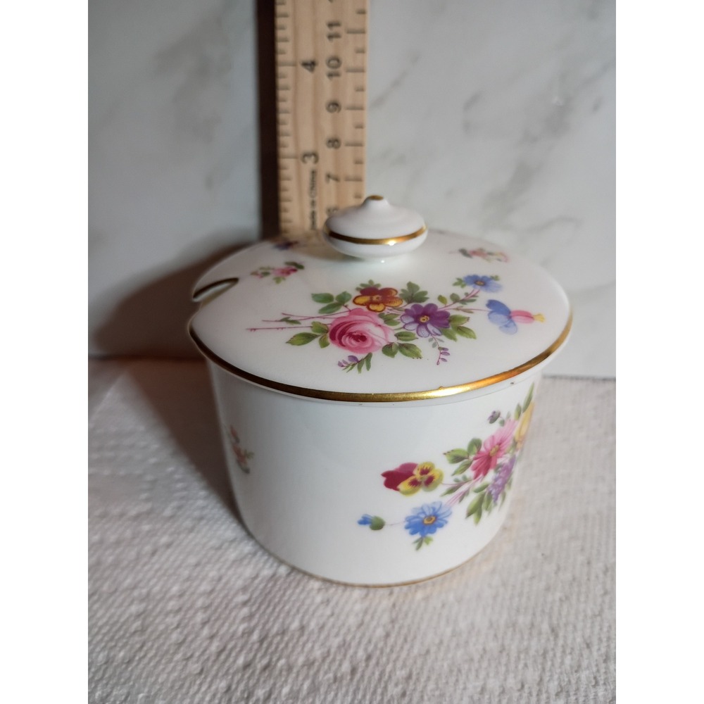 Minton Marlow S-309 Bone China Jam Mustard Pot with Lid Floral Gold Trim England